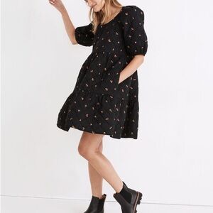 Madewell Quilted Puff Sleeve Black Mini Dress with Floral Pattern